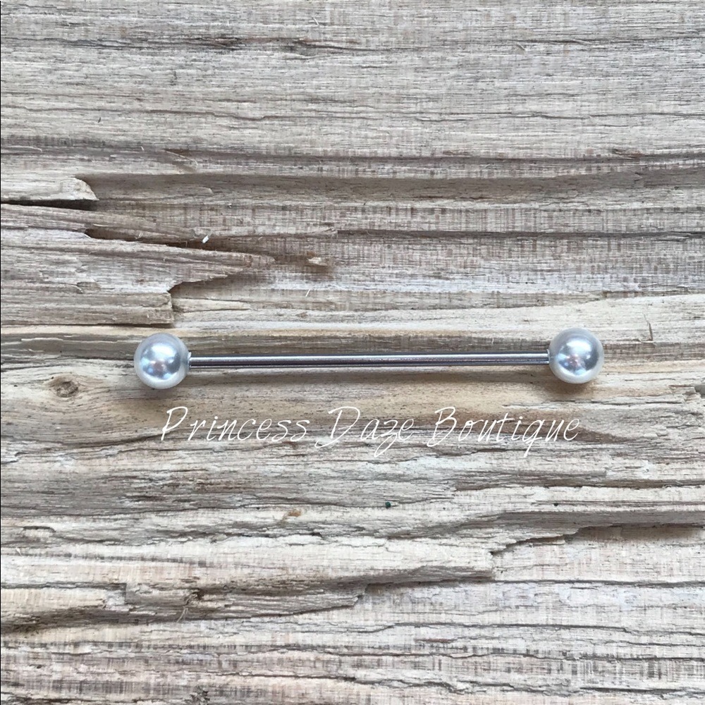White Pearl Industrial Barbell Earring